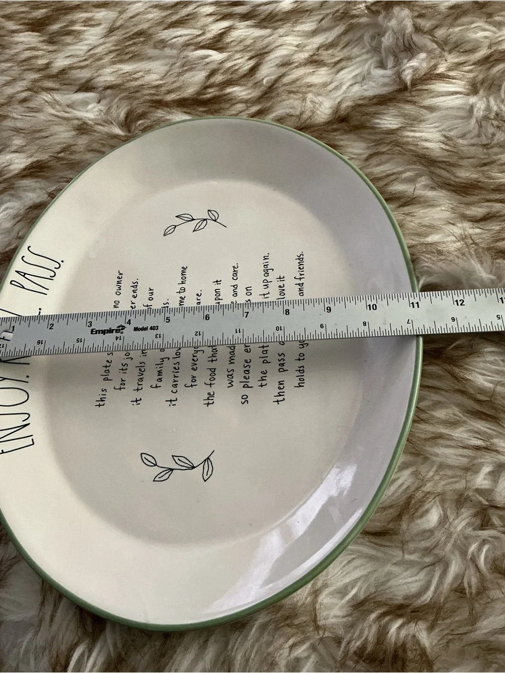 Rae Dunn Cream Ceramic Plate with Green Trim and Script